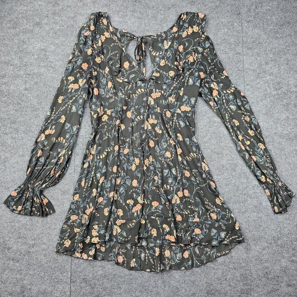 Free People Dress Womens Large Floral Long Sleeve Boho Ruffle Mini Tie Open Back - Picture 1 of 8